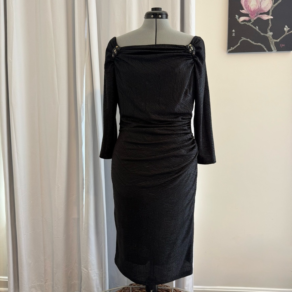 David Meister Black Ruched Beaded Cocktail Dress Long Sleeve Size 10